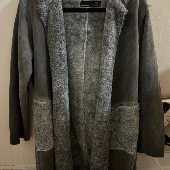 Faux Grey Fur Lined Suede Jacket with Pockets and Hood - Twenty5A - Picture 3 of 5